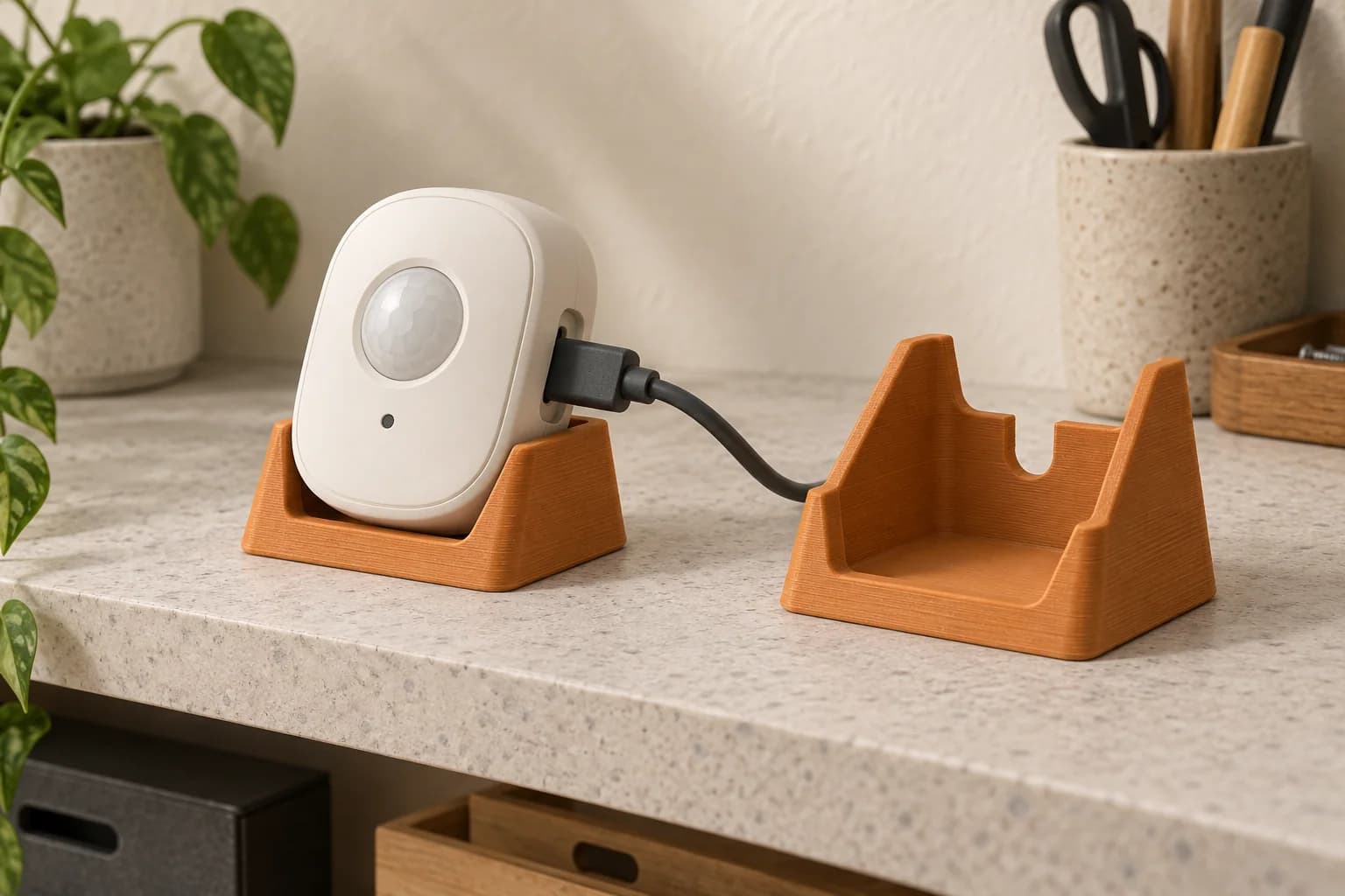 Generic indoor sensor in an amber-orange printed stand with an accessible side cable, beside an empty open cradle