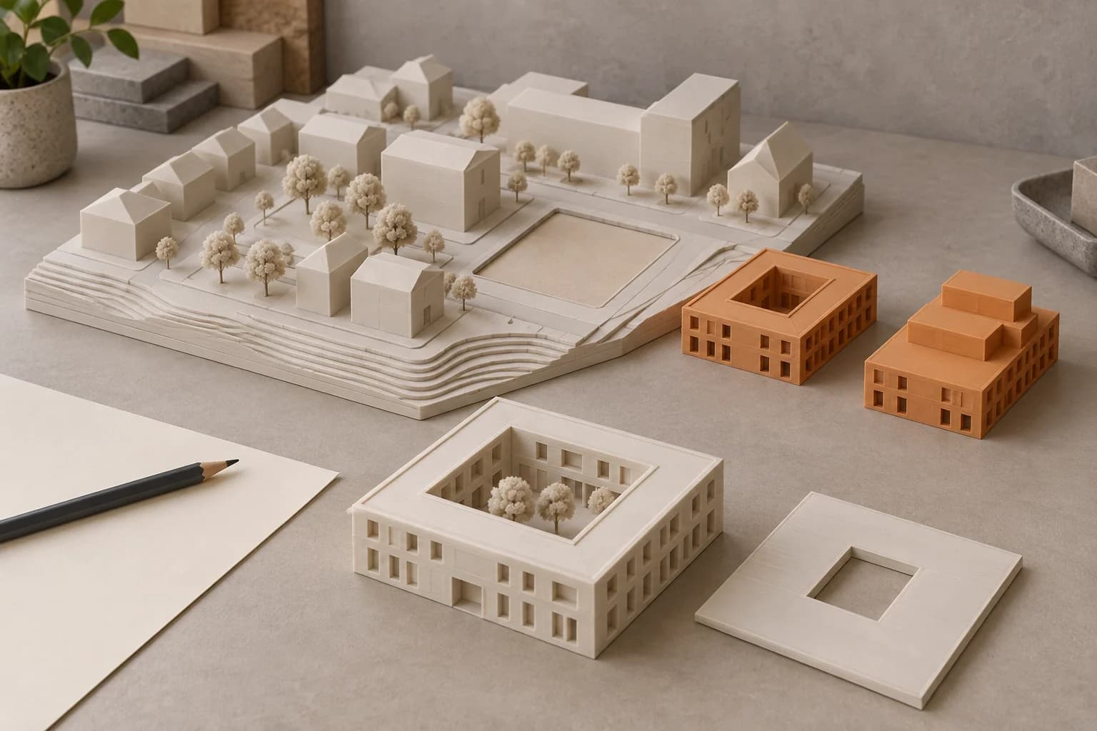 Ivory architectural site model with an empty parcel, two amber building alternatives and a separate courtyard model with its roof removed.