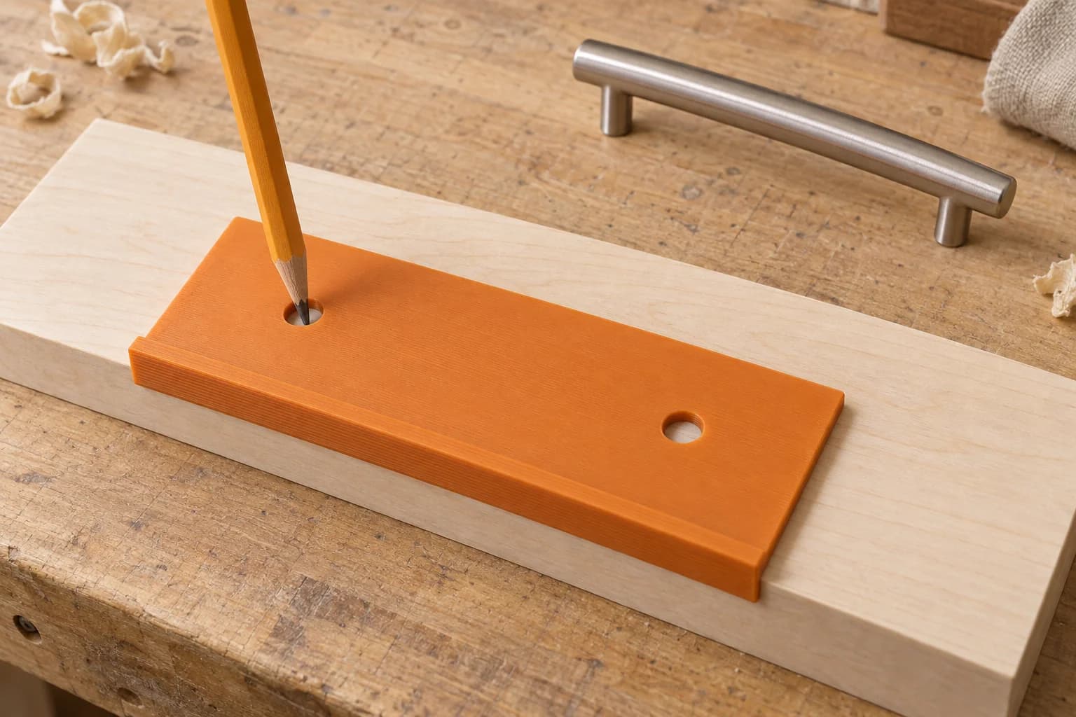 Amber printed marking template seated against a wood offcut edge, with a pencil at one opening and a metal cabinet pull beside it