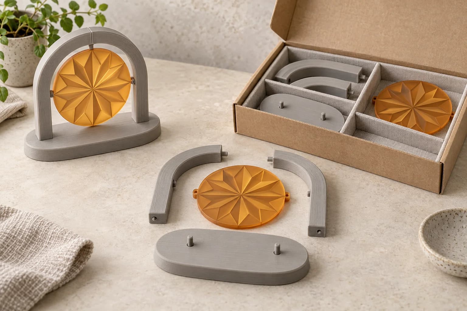 An abstract grey tabletop arch with an amber geometric face, matching separated printed parts and a divided storage box