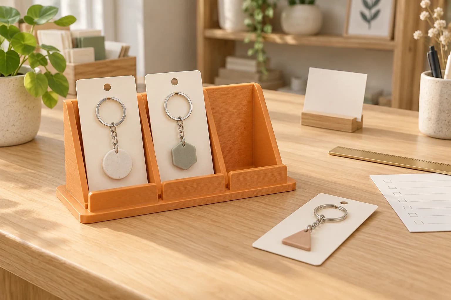 Amber-orange three-pocket printed stand with two carded keyrings, a removed item and an observation sheet on a fully supporting counter.