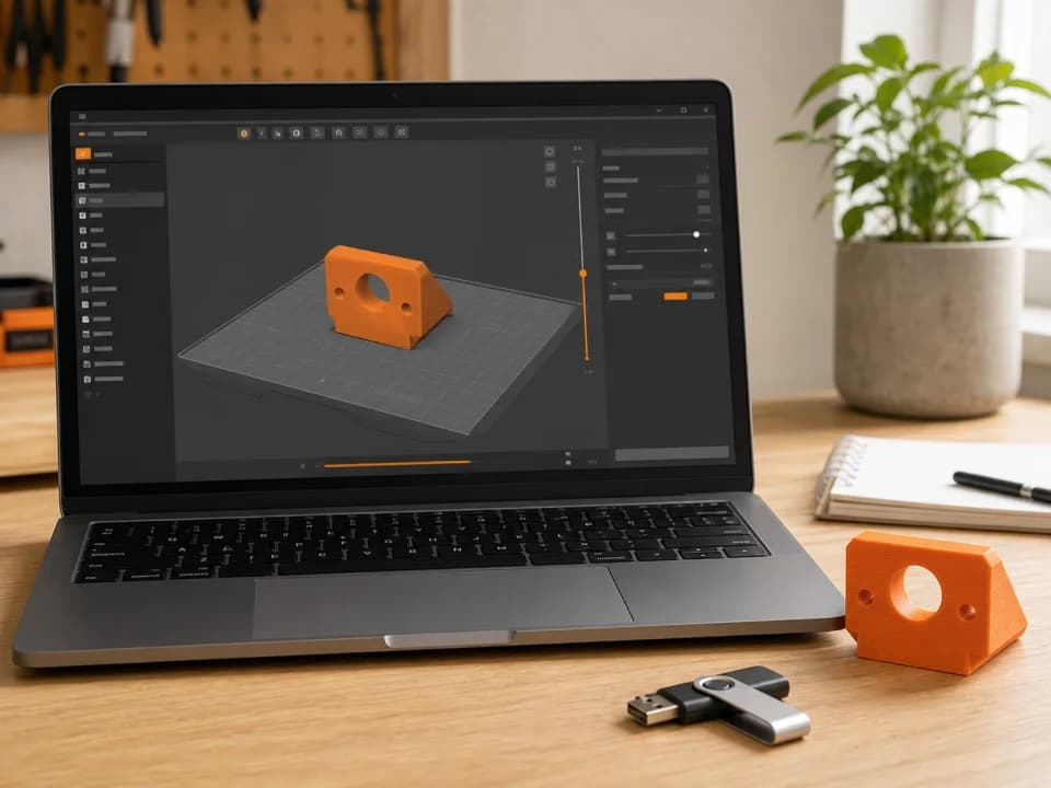 A laptop showing an orange part on a slicer build plate beside the finished 3D print