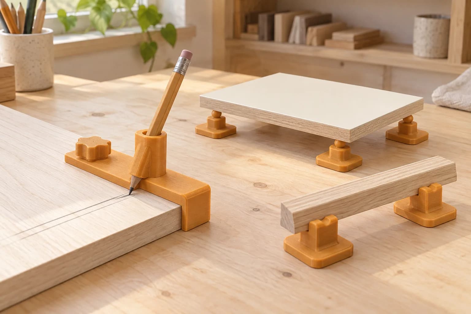 An amber printed pencil-offset guide against a wood edge beside light finish samples on squat supports