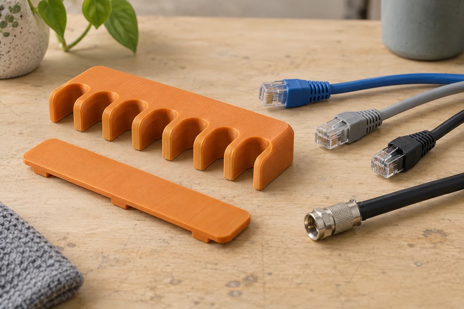 Amber printed cable separator and separate cover beside disconnected network and coaxial leads on a workbench