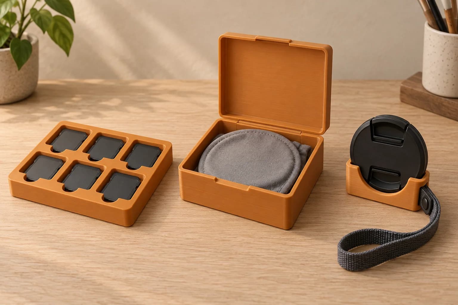 Amber printed card tray, open box holding a sleeved filter, and detached lens cap in a holder beside a fabric strap