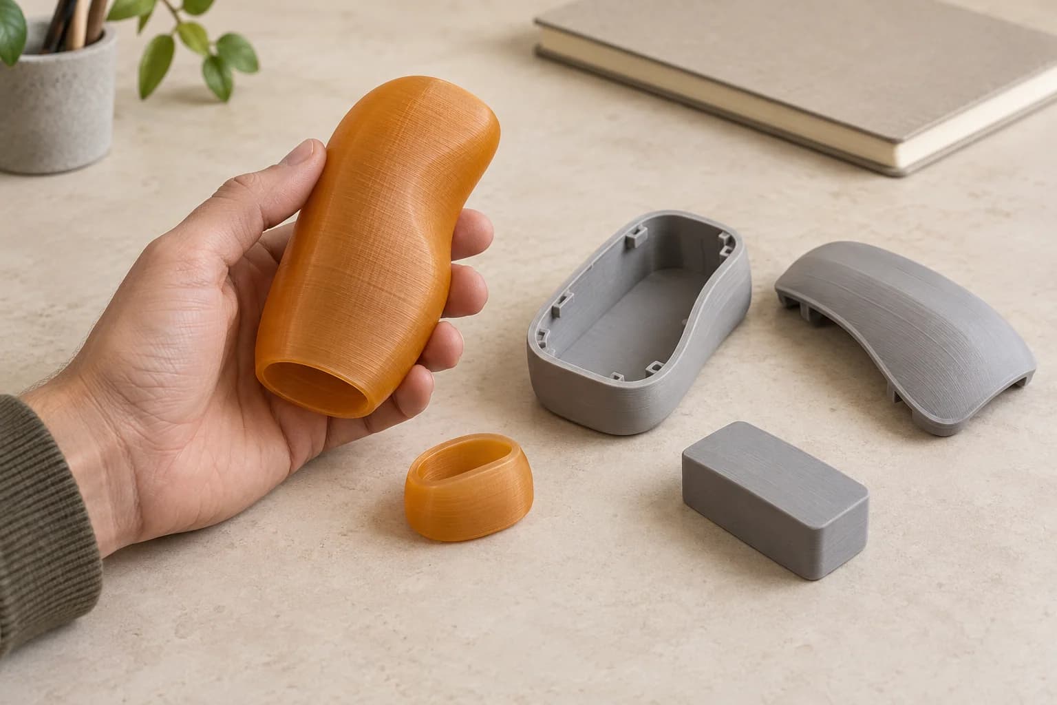 A hand holds an amber palm-sized form model beside a detached end cap and an open grey prototype shell on a warm workshop bench.