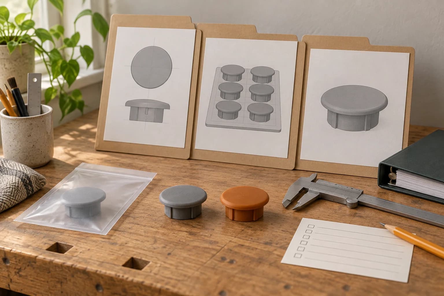 Loose grey and amber printed caps, a retained sample, caliper and three document folders on a workshop bench.
