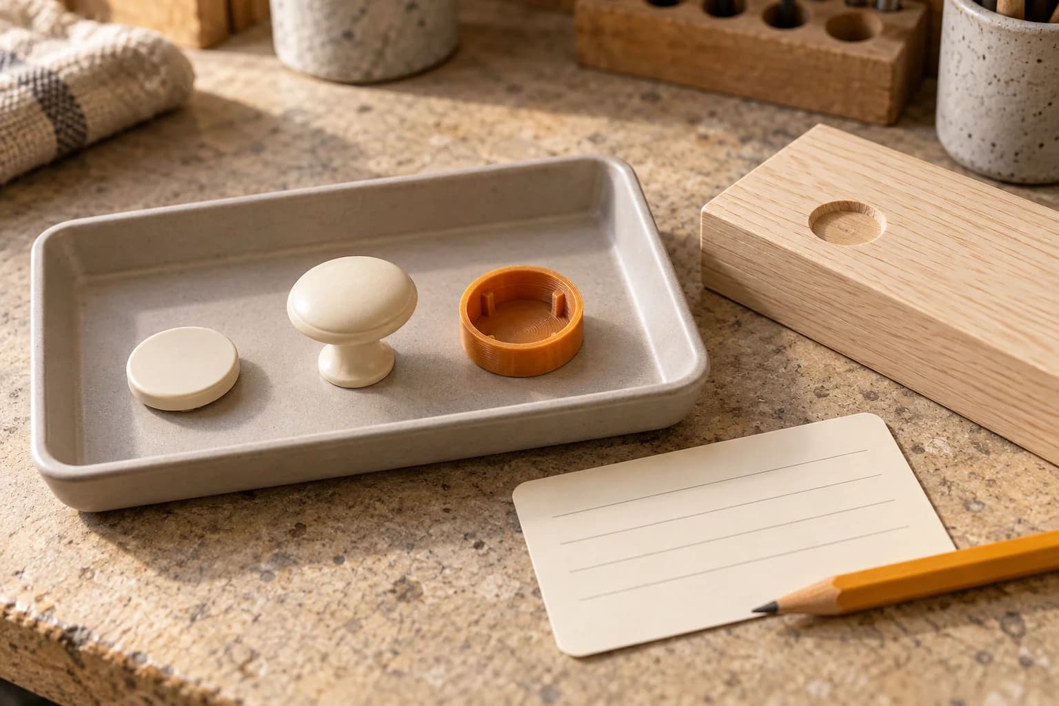 Small cosmetic furniture parts and an amber printed sample arranged beside a blank maintenance record.