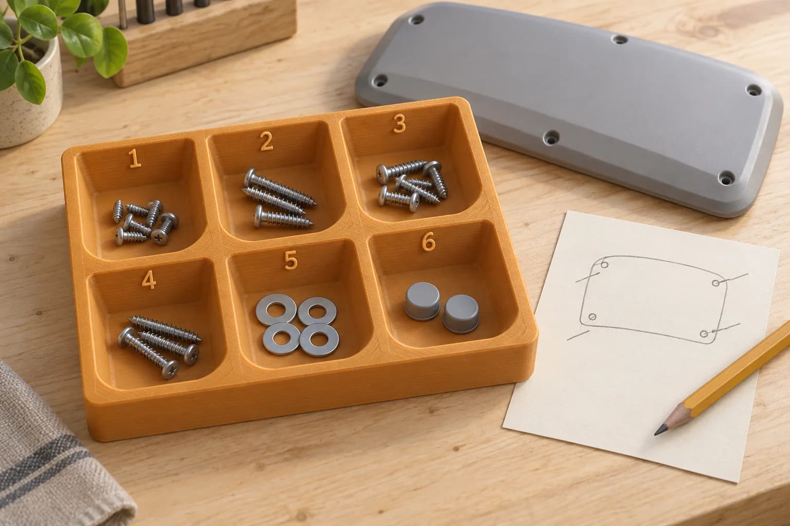 An amber numbered six-pocket tray holds separate screw groups, washers and plastic caps beside a paper location sketch and generic cover.