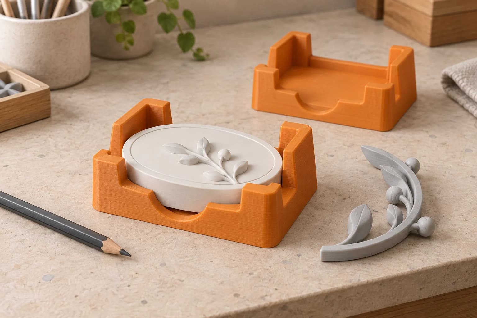 Open amber-orange printed component nest holding an oval decorative piece, with an empty nest and loose curved trim on a warm workshop bench
