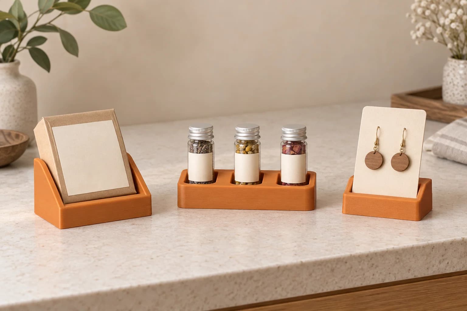 Three amber-orange printed countertop concepts: a boxed-product cradle, a holder for sealed sample vials and an earring-card stand.