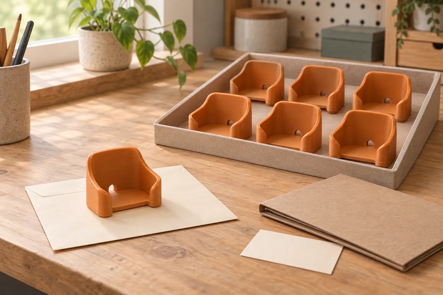 One amber reference cradle on an envelope beside six matching cradles in a tray and a closed record folder