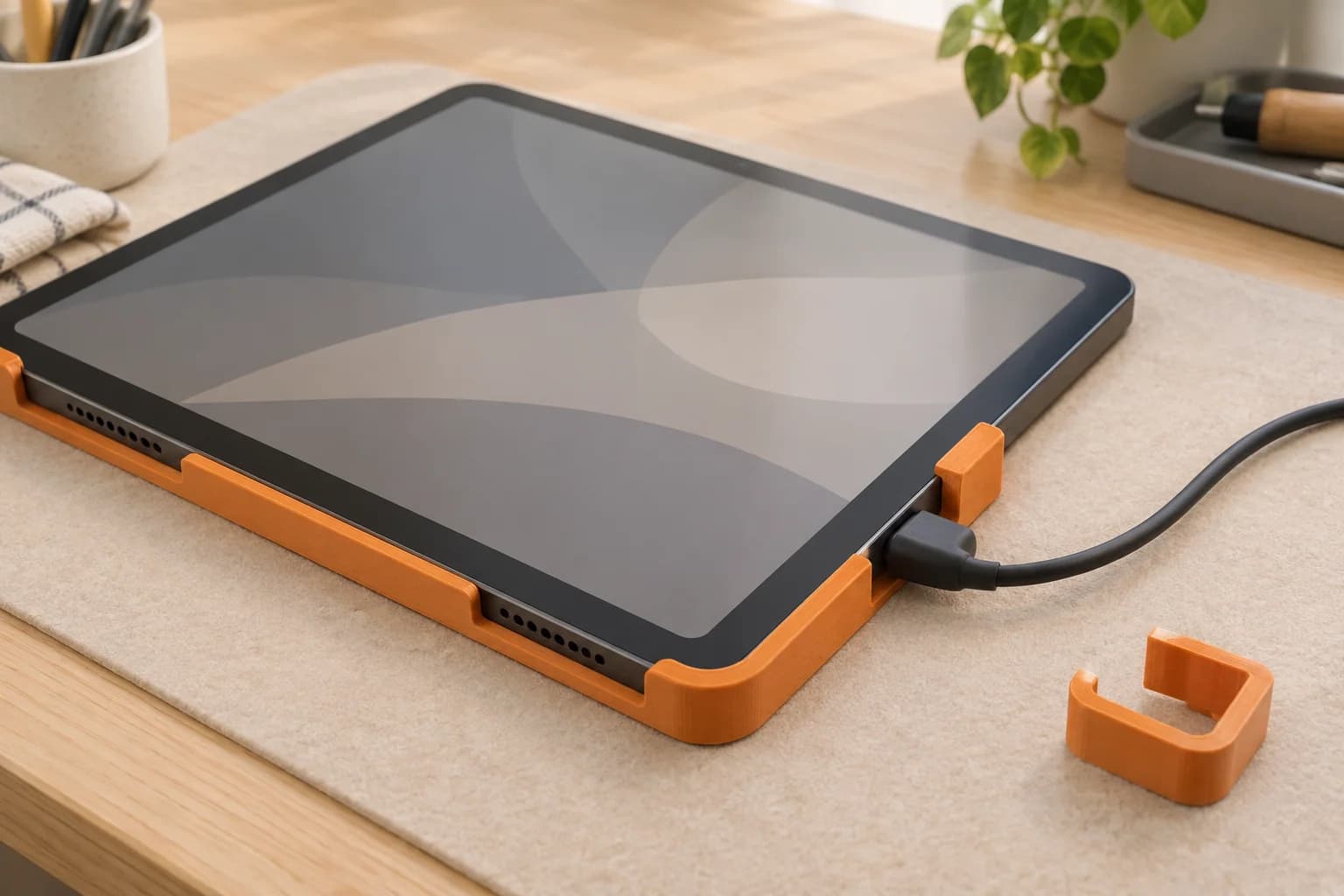 Generic tablet resting on a padded bench in an amber partial bezel, with the charging plug exposed through a side opening