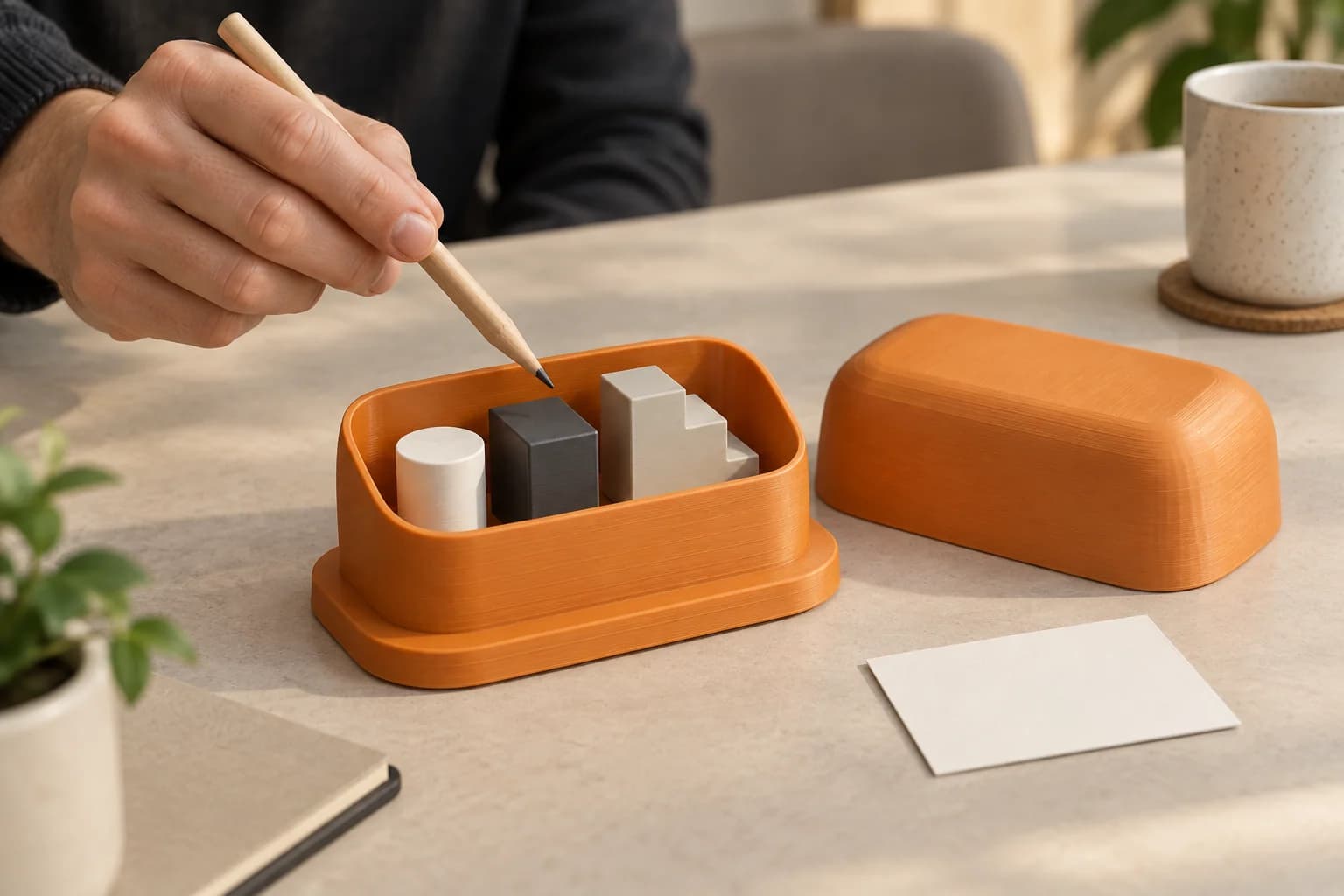 A pencil points between three abstract blocks inside an amber tabletop model, with its lift-off cover beside it.