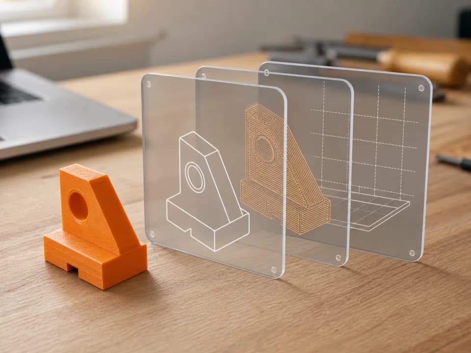 A 3D-printed part beside layered panels showing its geometry, toolpath, and build plate