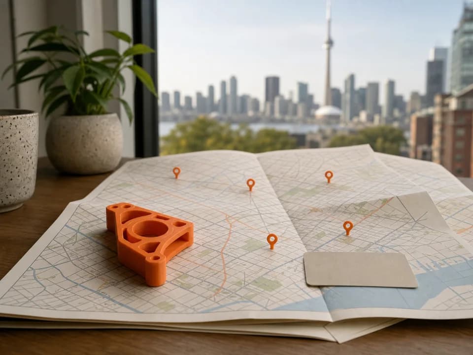 An orange 3D-printed part and location pins on a Toronto map with the skyline behind