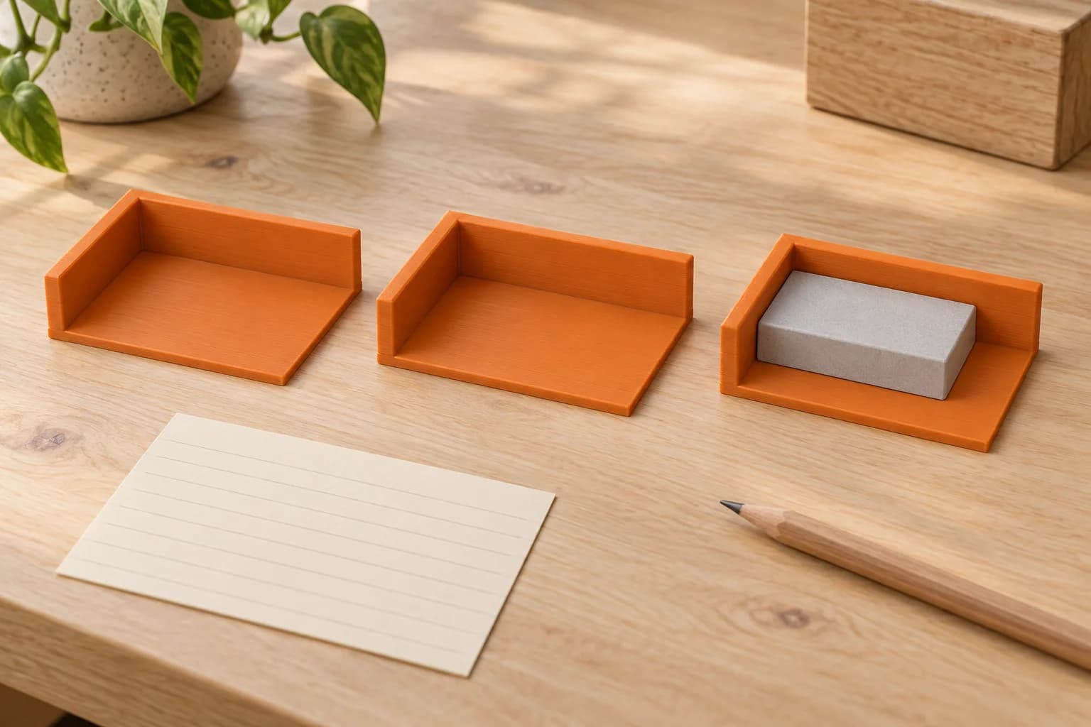 Three matching orange L-fence positioning nests on a bench, with a grey blank in one and two empty copies beside a record card