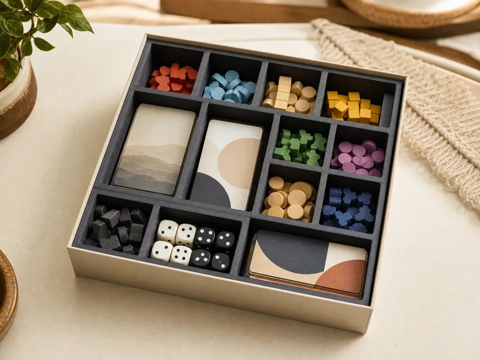 A fitted orange 3D-printed board-game insert on a tabletop