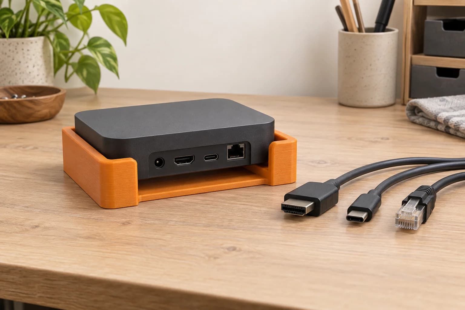 Generic unpowered AV device in an open amber desktop cradle, with loose cable plugs beside it