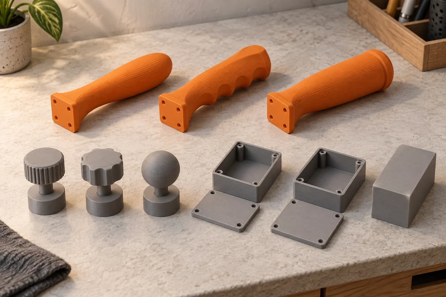 Generic amber handle profiles, grey knobs on inert pegs and two empty shells with loose lids arranged as a comparison set on a neutral bench