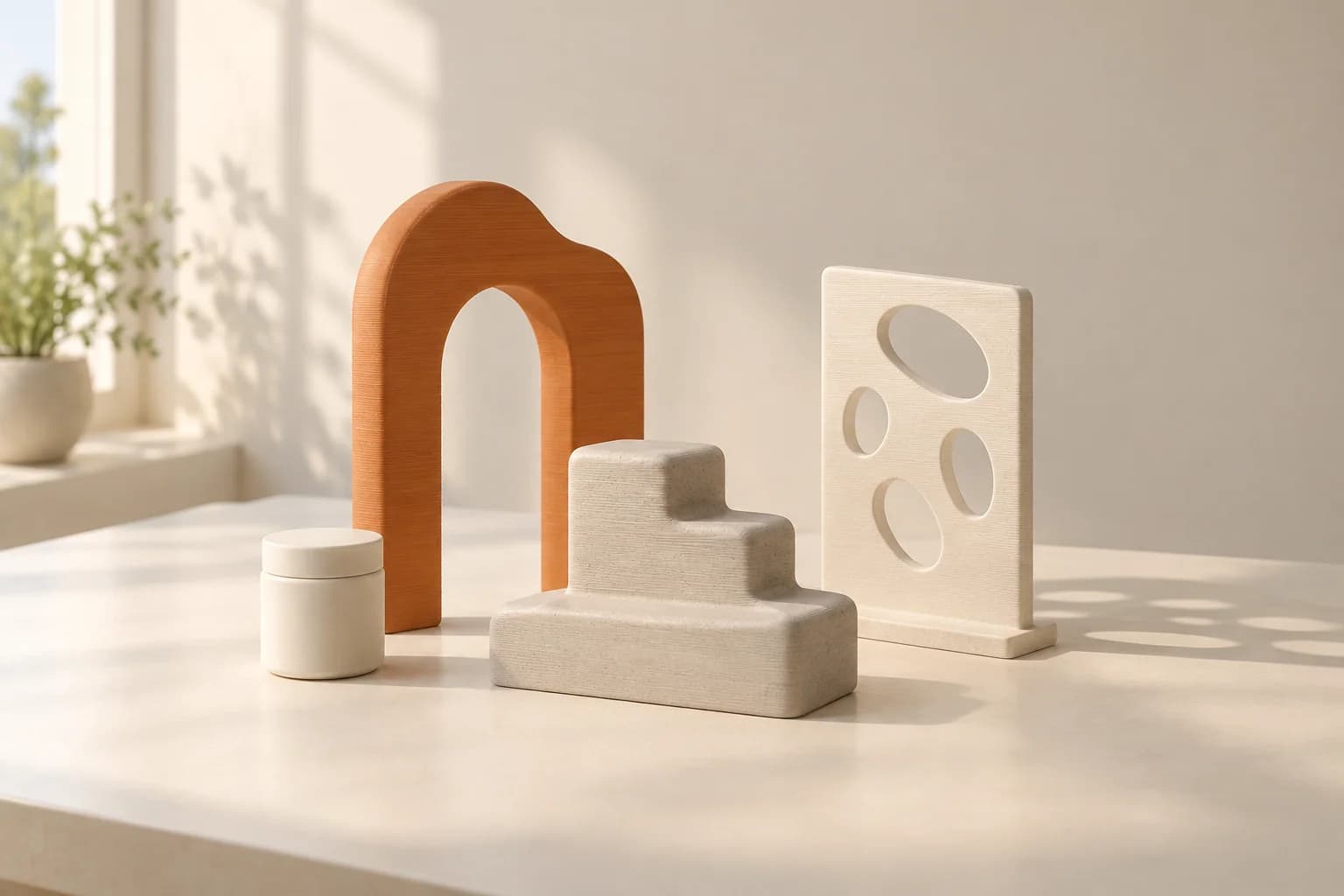 Amber decorative arch, stone-coloured stepped form and perforated panel beside a plain container on a daylight tabletop